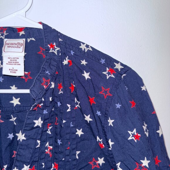 Scandia Woods Womens Navy Star Print Tunic Top L 3/4 Sleeve Button-Front 100% Co - Picture 2 of 5